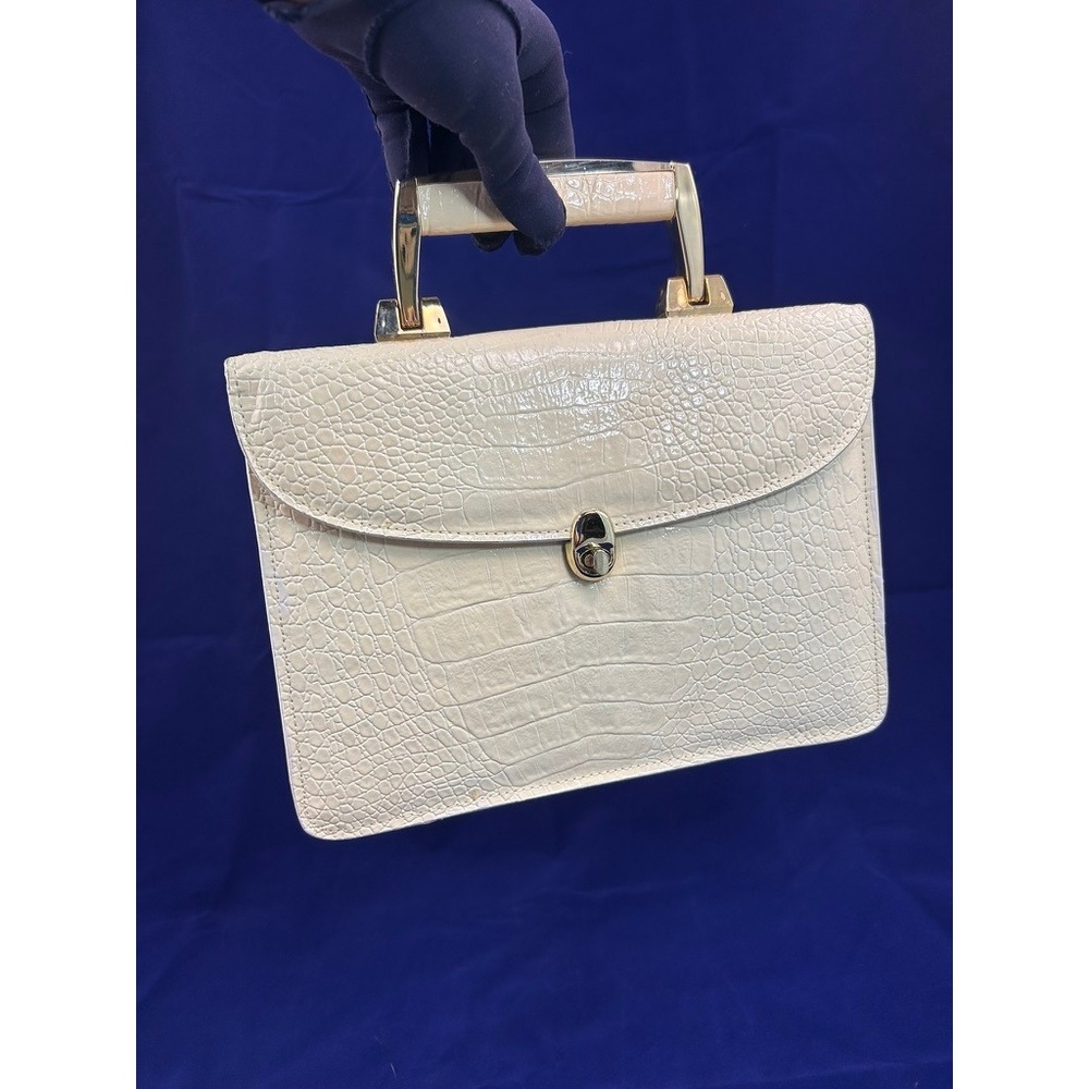 1960s John Weitz Ivory Croc Embossed Leather Structured Top Handle Vintage Purse
